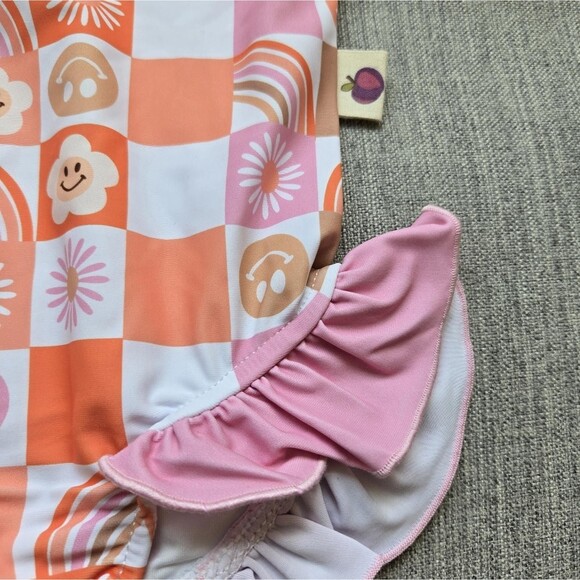 Cheeky Plum Retro Checkered Swimsuit Baby 6-12 Months Ruffled Orange And Pink - Picture 2 of 8
